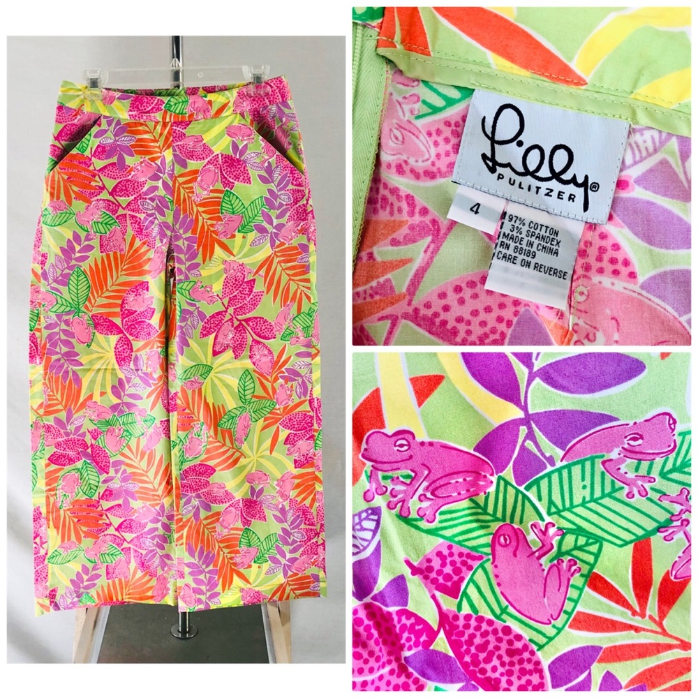 Vintage Y2K Lilly Pulitzer White Label Pink Frogs Flare Pants Sz. 4 “Bottoms Up”